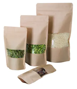 Sacchetto stand up kraft, con finestra, 85 x 145 + 50 mm